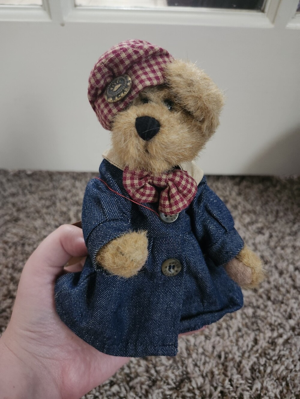 Boyds Bears Tan Teddy in Denim Coat with Red Plaid Hat